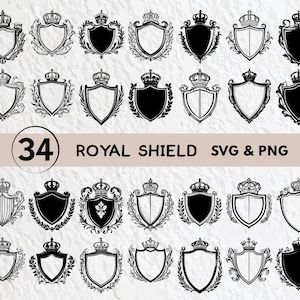 May include: A set of 34 black and white royal shield SVG and PNG digital clip art images. The shields are decorated with crowns, swirls, and other ornate details.