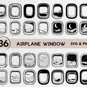 May include: A collection of 36 airplane window illustrations in SVG and PNG formats. The black and white drawings depict various scenes, including clouds, landscapes, and airplanes, suitable for digital design projects.