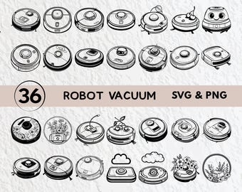 Paquete SVG de robot aspirador: silueta de aspiradora, conjunto de iconos de logotipo (descarga digital)