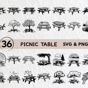 Pode incluir: Uma coleção de 36 designs de mesas de piquenique em formatos SVG e PNG. As ilustrações em preto e branco retratam vários estilos de mesas de piquenique, algumas com árvores e fundos cênicos. O texto "36 PICNIC TABLE SVG & PNG" também está incluído.