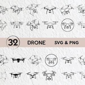 Può includere: Un set di 32 file SVG e PNG di droni. Le immagini sono disegni a linea in bianco e nero di droni in varie posizioni e angolazioni.