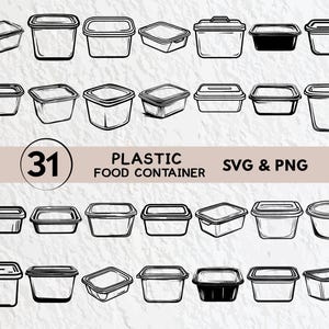 以下が含まれることがあります： プラスチック製の食品容器の白黒線画31点セット。容器は正方形、長方形、円形など、さまざまな形とサイズがあります。容器はすべて空で、シンプルでミニマルなデザインです。