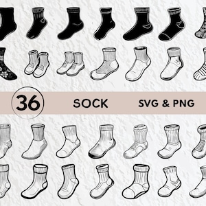 Könnte beinhalten: Ein Set mit 36 Schwarzweiß-Sockenillustrationen in verschiedenen Stilen, darunter Socken, Kniestrümpfe und Kniestrümpfe. Die Illustrationen eignen sich perfekt zum Erstellen digitaler oder physischer Bastelarbeiten wie T-Shirts, Tassen und Aufkleber.  SVG & PNG.