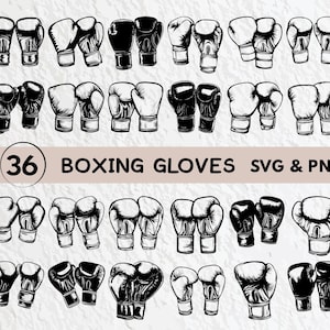 Puede incluir: Un conjunto de 36 ilustraciones de guantes de boxeo en blanco y negro. Los guantes están dibujados de forma simple y estilizada. El texto "36 BOXING GLOVES SVG & PNG" está en la parte inferior de la imagen.