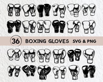 Puede incluir: Un conjunto de 36 ilustraciones de guantes de boxeo en blanco y negro. Los guantes están dibujados de forma simple y estilizada. El texto "36 BOXING GLOVES SVG & PNG" está en la parte inferior de la imagen.