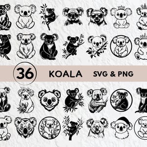 May include: A set of 36 black and white koala SVG and PNG digital files. The images feature koalas in various poses, including sitting, standing, and holding eucalyptus leaves. Some koalas are wearing crowns or hats.