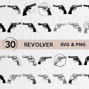 Peut inclure: Un ensemble de 30 fichiers SVG et PNG de revolvers en noir et blanc. Les revolvers sont dans différentes positions, notamment pointés droit devant, inclinés et avec le canon face au spectateur. Les revolvers sont tous détaillés et réalistes.