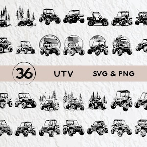 May include: A set of 36 black and white SVG and PNG digital files featuring various side-by-side illustrations of utility terrain vehicles (UTVs).