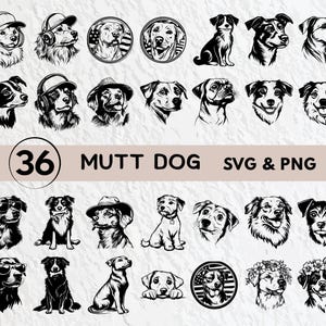 May include: A collection of 36 black and white illustrations of various dog breeds. The dogs are depicted in different poses and styles, some wearing hats or headphones. The text "36 MUTT DOG SVG & PNG" is also included.