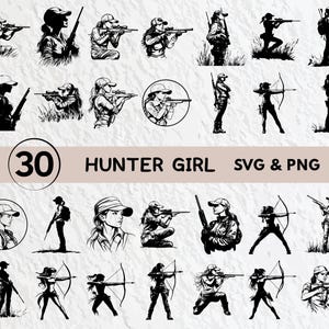 Hunter Girl Svg Bundle, Hunter Girl Silhouette, Hunter Girl Clipart Png, Hunter Girl Outline, Hunter Girl Vector, Hunter Logo Icon Cut Files