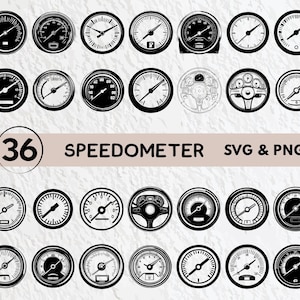 May include: A collection of 36 black and white speedometer designs in SVG and PNG formats. The speedometers vary in style, with circular dials and needles indicating different speeds. The image includes the text "36 SPEEDOMETER SVG & PNG".