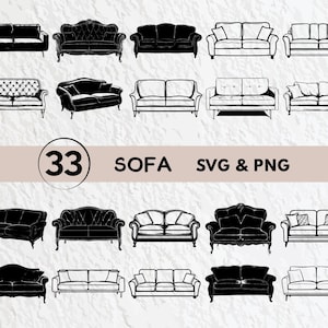 Könnte beinhalten: Ein Set mit 33 schwarzen und weißen Sofa-SVG- und PNG-Schnittdateien. Die Sofas sind in verschiedenen Stilen, darunter traditionell, modern und zeitgenössisch.