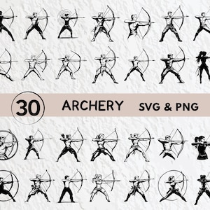 Pode incluir: Um conjunto de 30 arquivos digitais SVG e PNG em preto e branco com arqueiros em várias poses. Os arquivos são perfeitos para artesanato, scrapbooking e outros projetos criativos.