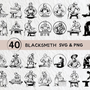 Può includere: Un set di 40 illustrazioni vettoriali in bianco e nero di fabbri che lavorano alle loro fucine. Le illustrazioni sono in stile vintage e presentano vari strumenti e attrezzature, come martelli, incudini e tenaglie. Le illustrazioni sono perfette per l'uso in una varietà di progetti, come la progettazione di siti Web, la grafica dei social media e i materiali stampati.