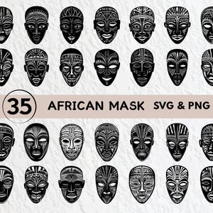 Pode incluir: Um conjunto de 35 arquivos digitais SVG e PNG de máscaras africanas em preto e branco. As máscaras são estilizadas e apresentam padrões geométricos.