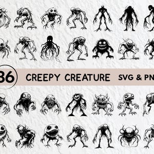 May include: A set of 36 black and white creepy creature SVG and PNG files. The creatures are in various poses and expressions, including a ghost, a monster, a zombie, a ghoul, a demon, a vampire, a werewolf, a witch, a goblin, a troll, a dragon, a snake, a spider, a bat, a skull, a skeleton, a ghost, a monster, a zombie, a ghoul, a demon, a vampire, a werewolf, a witch, a goblin, a troll, a dragon, a snake, a spider, a bat, a skull, a skeleton.