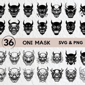 May include: A set of 36 black and white vector illustrations of oni masks. The masks are in various styles and expressions, with horns, fangs, and other demonic features. The text "36 Oni Mask SVG & PNG" is at the top of the image.