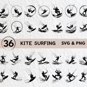 Puede incluir: Un conjunto de 36 ilustraciones en blanco y negro de personas haciendo kitesurf. Las ilustraciones están en una variedad de poses y se encuentran sobre un fondo blanco. El texto "36 KITE SURFING SVG & PNG" está en la parte inferior de la imagen.