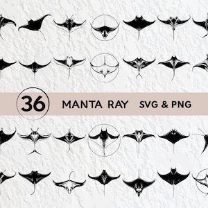 Könnte beinhalten: Ein Set mit 36 schwarzen und weißen Manta-Rochen-SVG- und PNG-Dateien. Die Manta-Rochen sind in verschiedenen Posen, einige nach vorne und andere seitwärts gerichtet. Die Bilder sind perfekt für die Verwendung in Bastelprojekten, Scrapbooking oder digitalem Design.