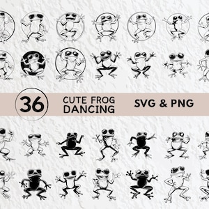 May include: A set of 36 black and white SVG and PNG digital files featuring cute frogs dancing. The frogs are wearing sunglasses and have different poses.