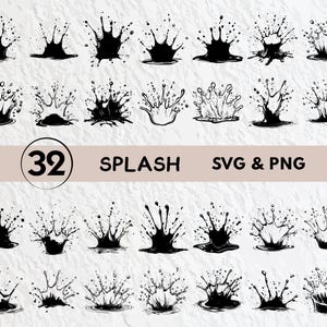 Puede incluir: Un conjunto de 32 ilustraciones vectoriales en blanco y negro de salpicaduras de agua. Las ilustraciones son de diversas formas y tamaños, y todas en un estilo simple y minimalista. El texto "32 SPLASH SVG & PNG" está en la parte superior de la imagen.