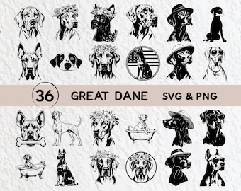 Paquete de imágenes prediseñadas SVG de danés, silueta de perro (PNG, archivos vectoriales)