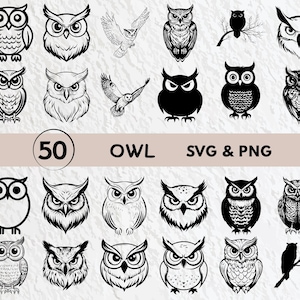 May include: A set of 50 black and white owl SVG and PNG files. The owls are in various poses and styles, including cartoon, realistic, and stylized.