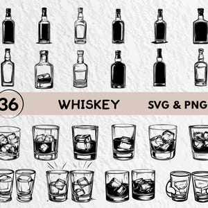 May include: A set of 36 black and white SVG and PNG digital files featuring whiskey bottles and glasses. The files are perfect for creating crafts, invitations, and other projects.