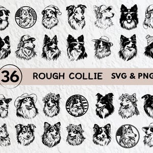 Op de afbeelding: Een verzameling van 36 zwart-wit illustraties van Rough Collie honden in verschillende stijlen, waaronder portretten met hoeden, zonnebrillen en bloemenkransen. De tekst "36 ROUGH COLLIE SVG & PNG" is zichtbaar.