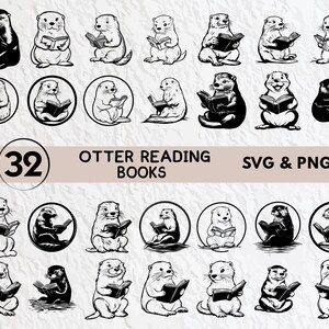 May include: A set of 32 black and white SVG and PNG digital files featuring illustrations of otters reading books. The illustrations are perfect for crafting projects, scrapbooking, and more.