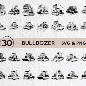 Puede incluir: Una colección de 30 ilustraciones de bulldozers en blanco y negro en formatos SVG y PNG. Los diseños presentan varios estilos de bulldozers, algunos con banderas americanas. También se incluye el texto "30 BULLDOZER SVG & PNG".