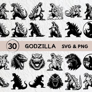 May include: A set of 30 black and white Godzilla SVG and PNG files. The images feature various poses of Godzilla, including roaring, walking, and standing. The images are perfect for use in crafting projects, scrapbooking, and digital design.