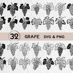 May include: A set of 32 black and white grape SVG and PNG digital files. The grapes are illustrated in a simple, stylized design with leaves.