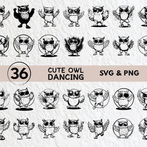 Könnte beinhalten: 36 Schwarzweiß-Illustrationen von niedlichen tanzenden Eulen. Die Eulen tragen Sonnenbrillen und haben verschiedene Posen. Der Text "Cute Owl Dancing" und "SVG & PNG" befindet sich oben im Bild.