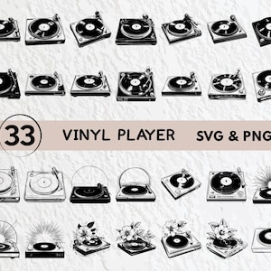 May include: A set of 33 black and white illustrations of vintage vinyl record players. The illustrations are in a variety of styles, some with a more realistic look and others with a more stylized look. The text "33 VINYL PLAYER SVG & PNG" is at the top of the image.