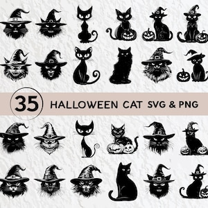 May include: A set of 35 black and white Halloween cat SVG and PNG digital files. The cats are wearing witch hats and holding pumpkins.