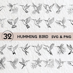 May include: A set of 32 black and white hummingbird SVG and PNG digital files. The hummingbirds are in various poses with their wings spread and closed. The hummingbirds are drawn in a simple, elegant style.