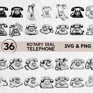 Pode incluir: Coleção de 36 ilustrações em preto e branco de telefones de disco vintage. Inclui vários designs, desde telefones de mesa clássicos a modelos ornamentados. O texto diz "Rotary Dial Telephone SVG & PNG".