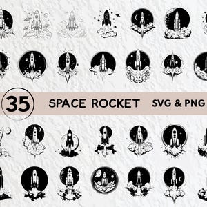 May include: A set of 35 black and white space rocket designs in SVG and PNG formats. The rockets are shown in different styles, some with flames and smoke, others with celestial backgrounds.