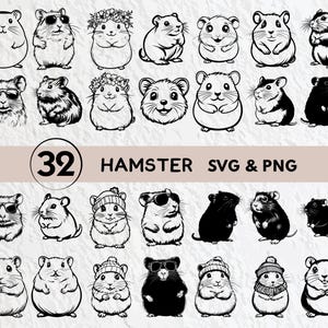 May include: A set of 32 black and white hamster SVG and PNG digital files. The images feature hamsters in various poses, including wearing sunglasses, hats, and holding flowers.