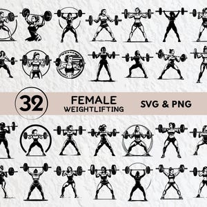 Puede incluir: Una colección de 32 ilustraciones en blanco y negro de mujeres levantadoras de pesas en varias poses. Las imágenes están en formatos SVG y PNG. También se incluye el texto "32 FEMALE WEIGHTLIFTING SVG & PNG".