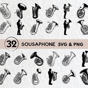 Puede incluir: Un conjunto de 32 ilustraciones en blanco y negro de sousafonos. Las ilustraciones están en varias poses y ángulos. El texto "Sousaphone SVG & PNG" está en la parte inferior de la imagen.