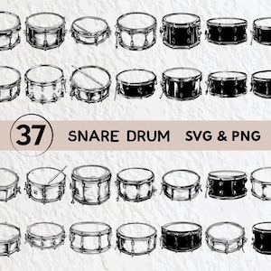 Könnte beinhalten: Ein Set mit 37 Schwarzweiß-Illustrationen von Snare-Drums. Die Trommeln sind in einem einfachen, cartoonartigen Stil gezeichnet. Das Set enthält eine Vielzahl von Trommelgrößen und -formen.