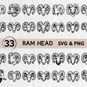 May include: A set of 33 black and white ram head SVG and PNG digital files. The ram heads are in various poses and styles, with some featuring horns and others with a more stylized look.