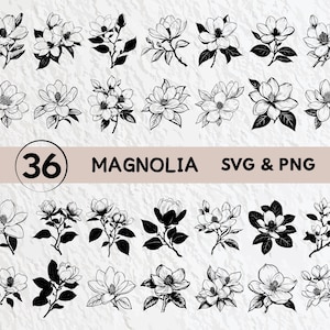May include: A set of 36 black and white magnolia flower illustrations. The flowers are drawn in a simple, elegant style and are perfect for use in crafting projects, scrapbooking, or digital design.
