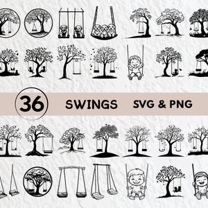 Könnte beinhalten: Eine Sammlung von 36 schwarz-weißen SVG- und PNG-Bildern mit Bäumen mit Schaukeln. Einige Bilder zeigen Kinder oder Welpen auf den Schaukeln. Der Text "36 SWINGS SVG & PNG" wird angezeigt.