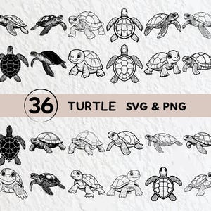May include: A set of 36 black and white turtle illustrations. The turtles are depicted in various styles, some with detailed shells and others with a cartoonish design. The text "36 TURTLE SVG & PNG" is displayed in a circular shape.