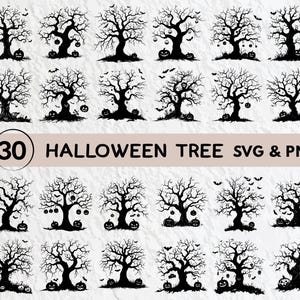 May include: A collection of 30 Halloween tree designs in SVG and PNG formats. Each black silhouette tree features bare branches, pumpkins, and bats, perfect for spooky crafts and decorations.