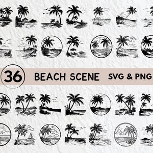 Puede incluir: Un conjunto de 36 archivos SVG y PNG en blanco y negro que representan escenas de playa. Las imágenes presentan palmeras, olas del océano y sombrillas de playa.