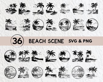 Puede incluir: Un conjunto de 36 archivos SVG y PNG en blanco y negro que representan escenas de playa. Las imágenes presentan palmeras, olas del océano y sombrillas de playa.